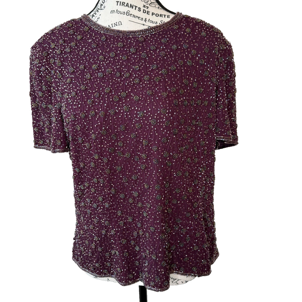 Arianna Pappel Silk All Over Beaded Blouse Size 16 Purple Lined